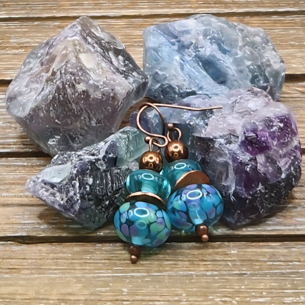 Teal Lampwork, Copper Hematite and Copper Drop Earrings